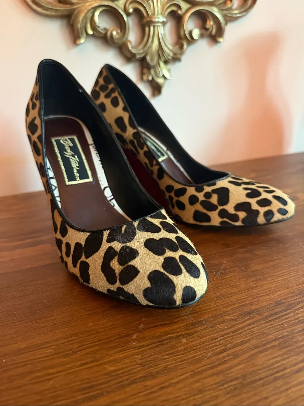 Leopard Print Calf Hair Wedge Pump with Red Heel